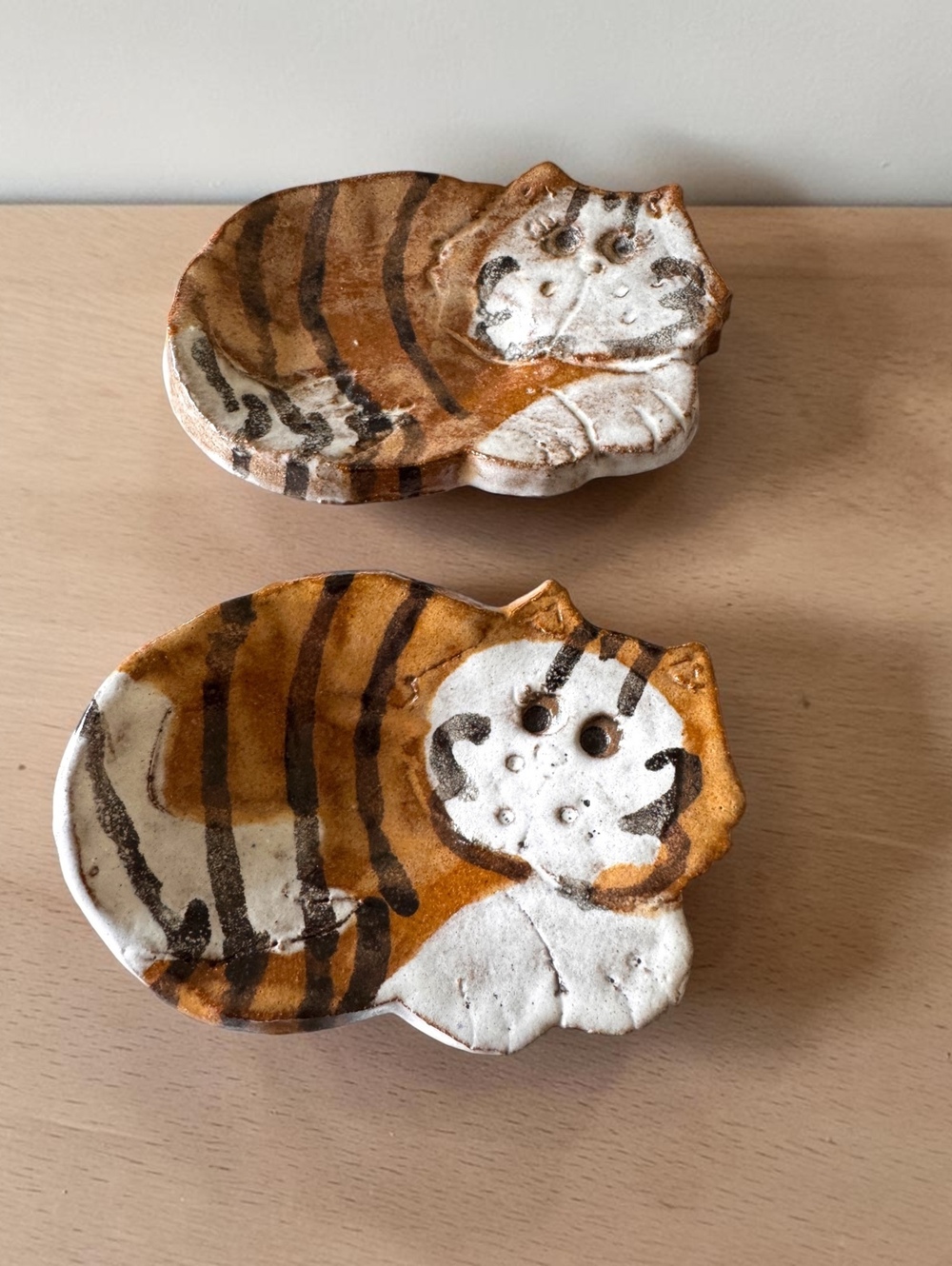 Vintage Handmade Studio Pottery Cat Dishes Set of 2 Signed Carole Folk Art Tabby